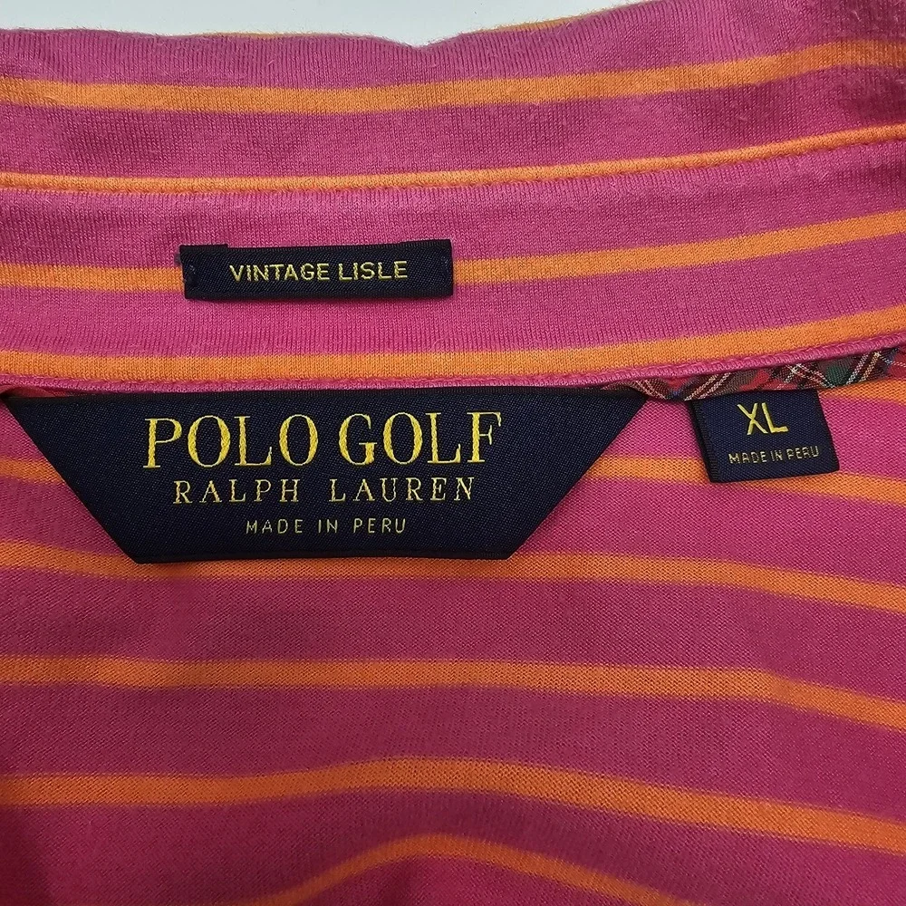 Polo Golf Ralph Lauren XL Pink &‎ Orange Stripe Shortsleeve Pony 100% Cotton EUC